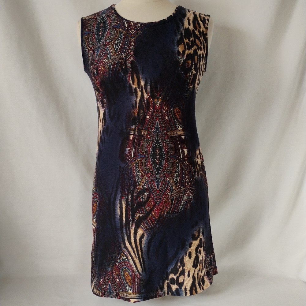 Slim Fit Navy Blue Paisley & Animal Print Sheath Mini Dress Versatile Slip On